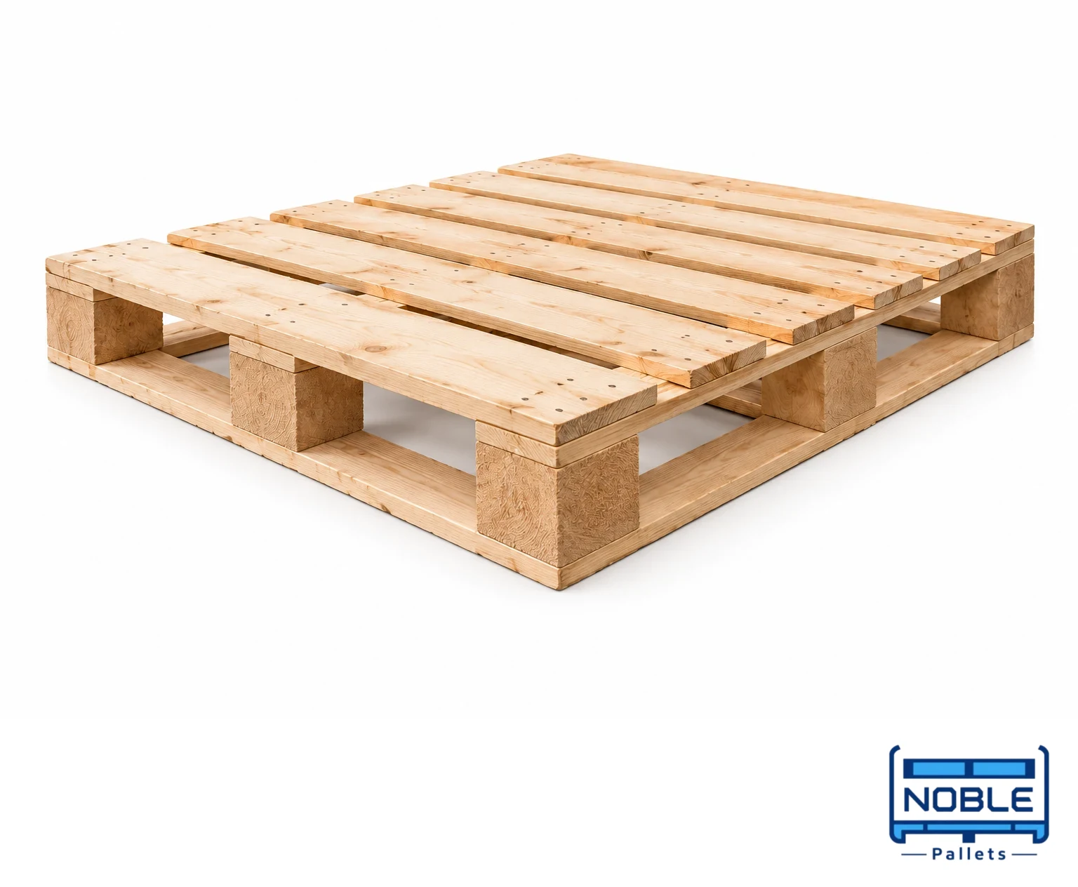 Representative wooden pallet for kiln-dried timber enquiries on a white background; moisture specification is order-specific. Noble Pallets & Packaging, Pakistan.