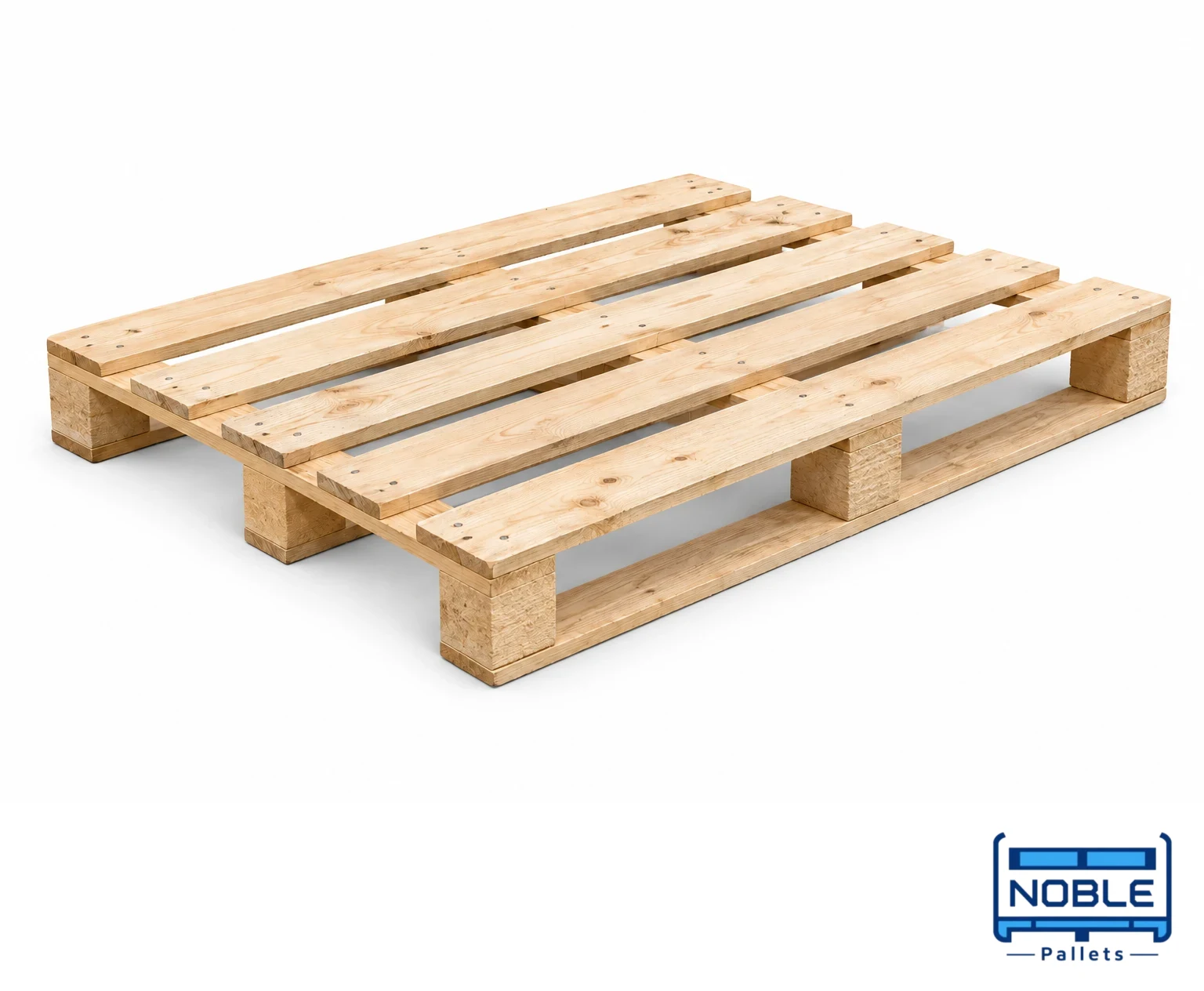 Light-Duty / Economy Wooden Pallets on a white background in a representative product illustration. Lighter timber sections for an economy design example. Noble Pallets & Packaging, Pakistan.