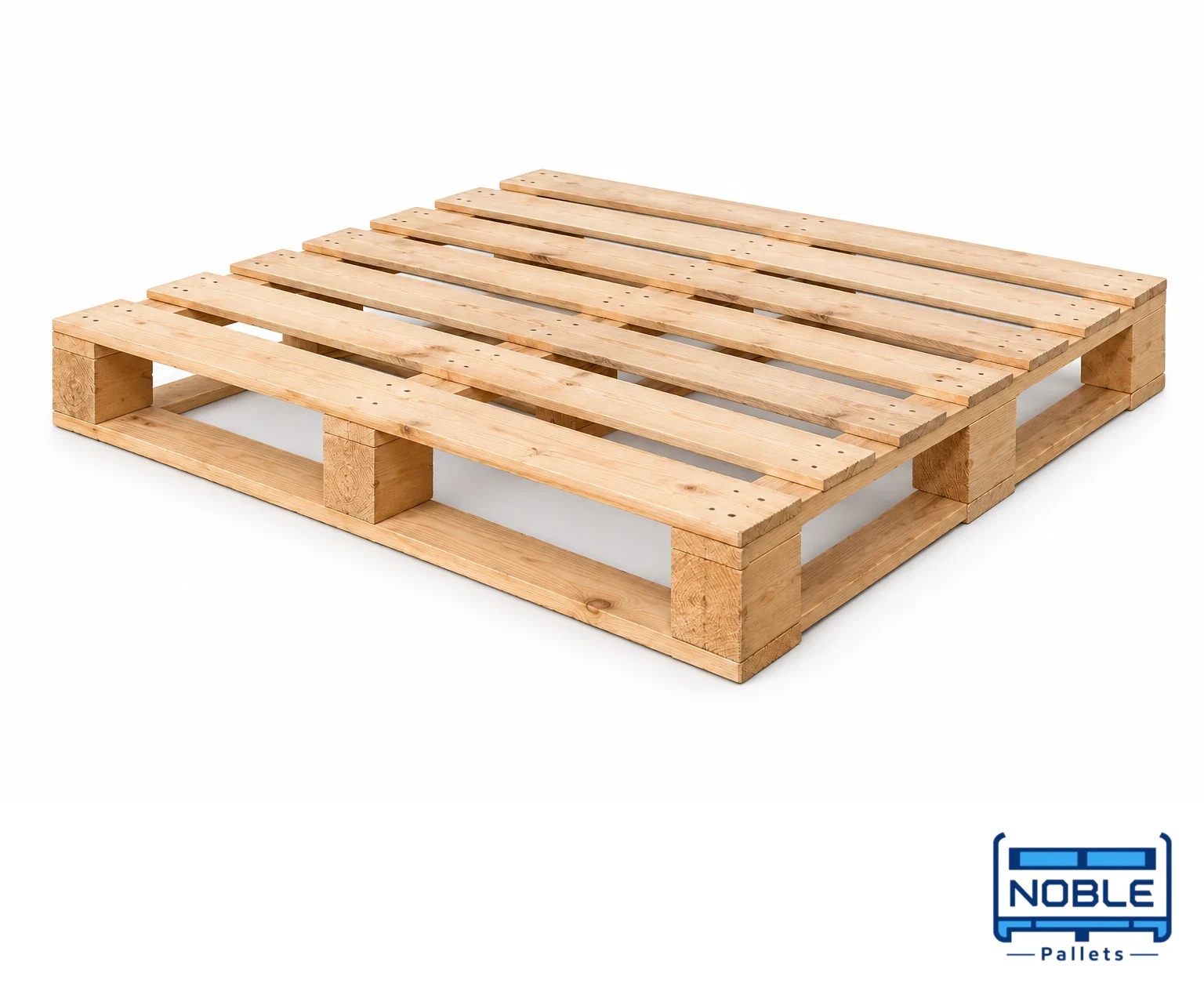 Representative one-way disposable wooden pallet with lightweight timber construction on a white background. Noble Pallets & Packaging, Pakistan.