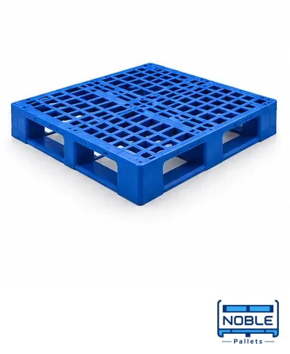 Blue plastic pallet with an open grid deck. Noble Pallets & Packaging, Pakistan.