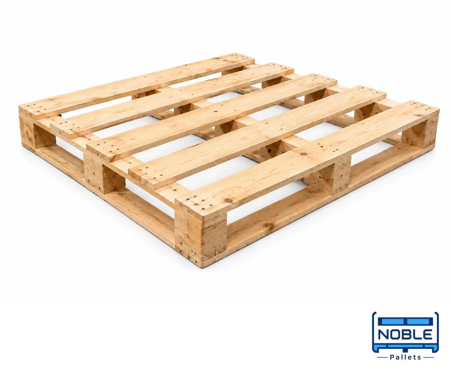 Open-Deck Wooden Pallets on a white background in a representative product illustration. Clearly spaced top boards leave visible gaps. Noble Pallets & Packaging, Pakistan.