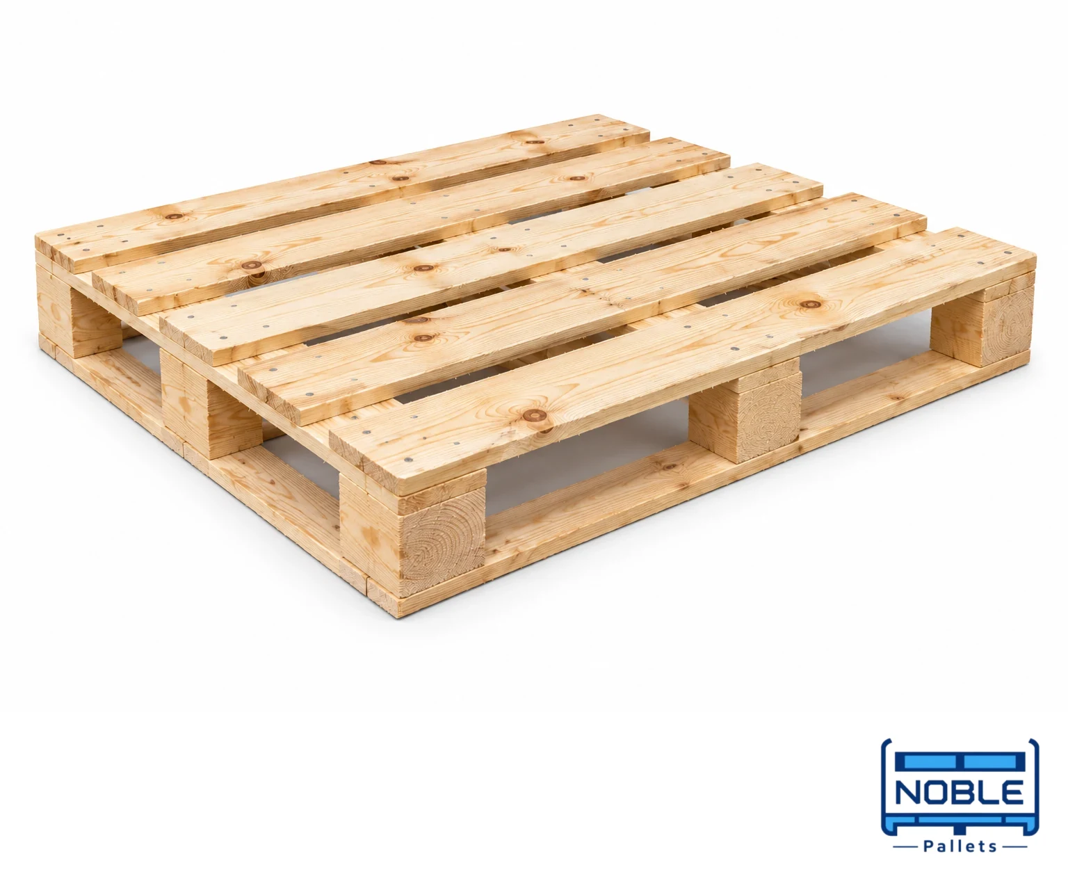 Representative pine wooden pallet with visible timber grain and knots on a white background. Noble Pallets & Packaging, Pakistan.