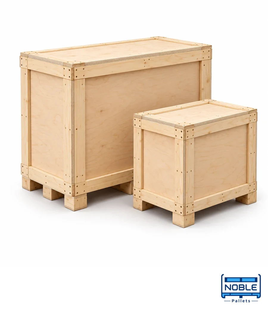 Two plywood shipping boxes with continuous sheet panels, laminated edges and timber forklift bases on white; representative product illustration