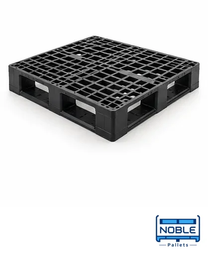 Black plastic pallet with an open deck and base supports. Noble Pallets & Packaging, Pakistan.