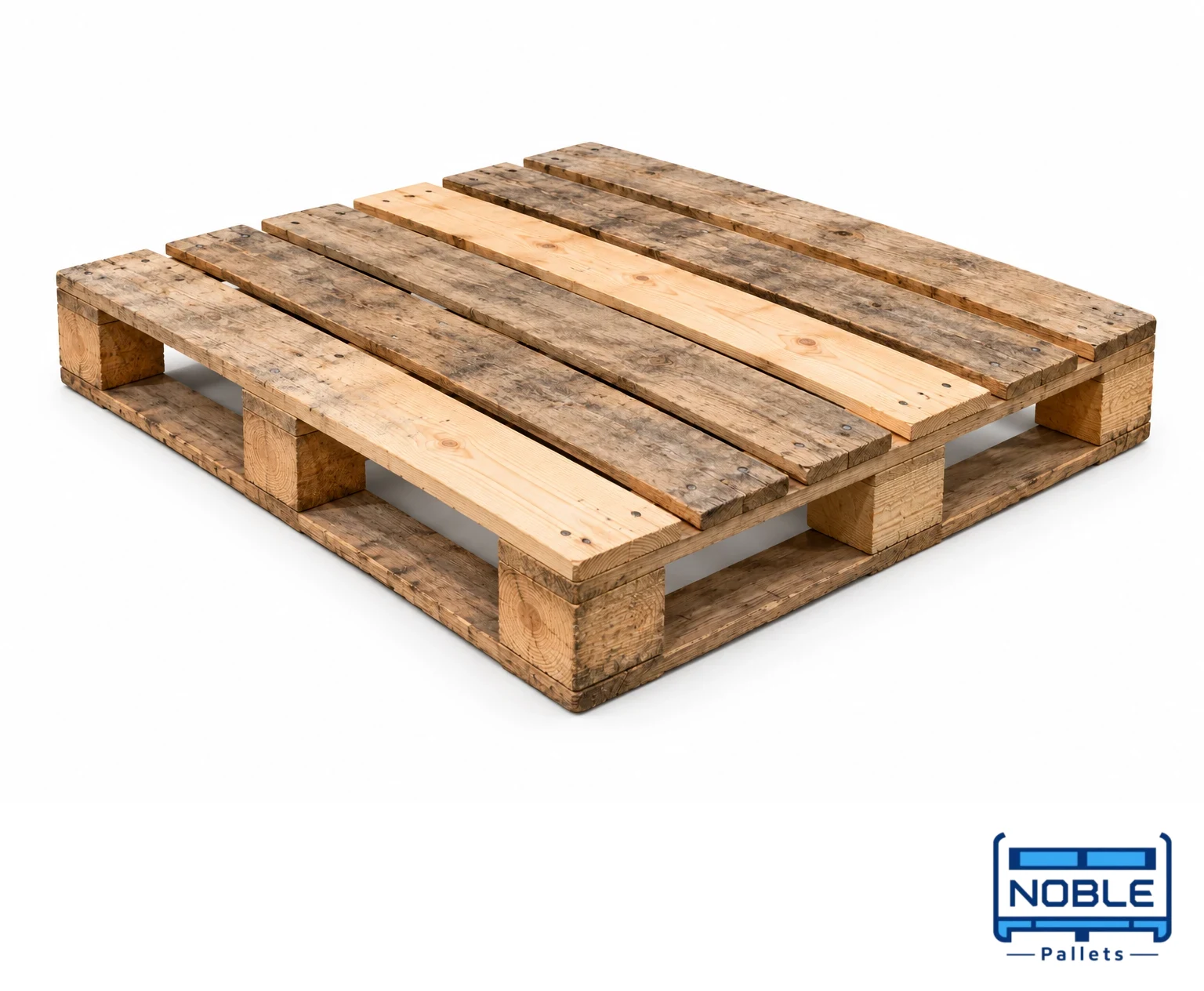 Reconditioned / Repaired Wooden Pallets on a white background in a representative product illustration. Replacement boards contrast with sound older components. Noble Pallets & Packaging, Pakistan.