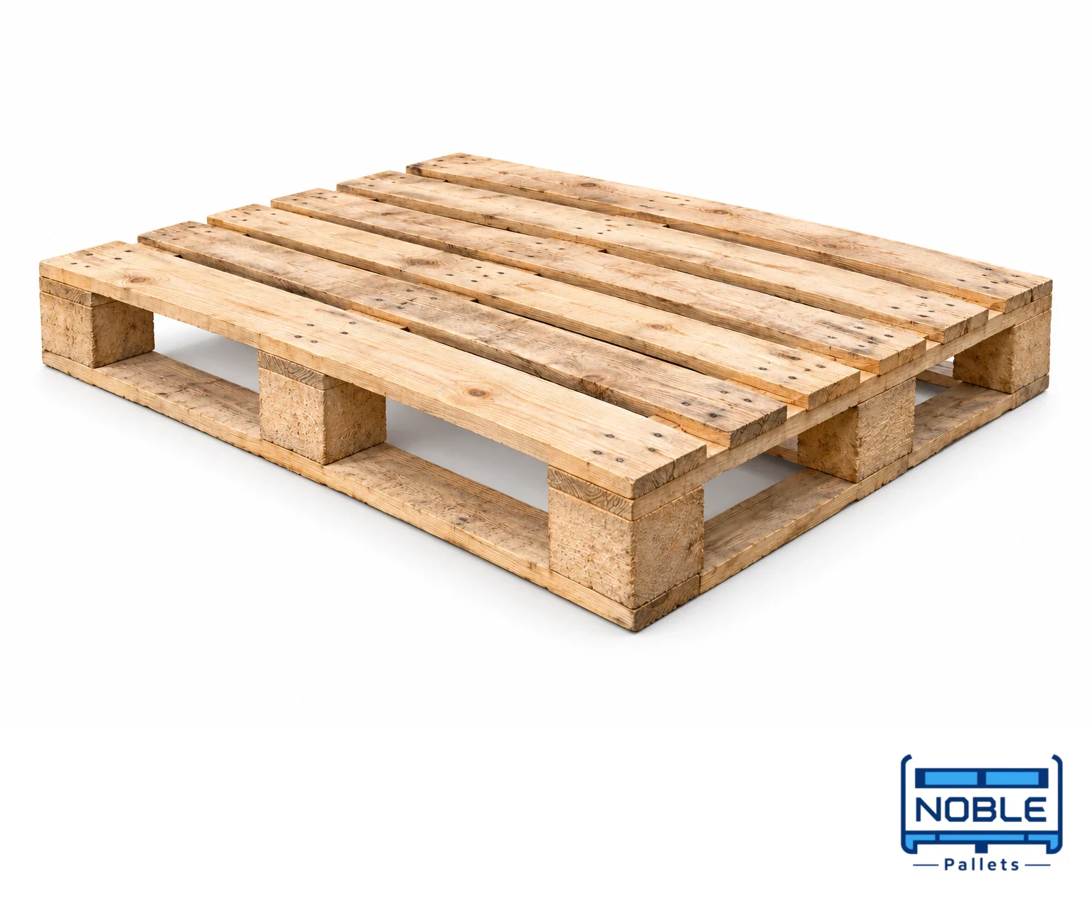Representative returnable reusable wooden pallet with sturdy construction on a white background. Noble Pallets & Packaging, Pakistan.