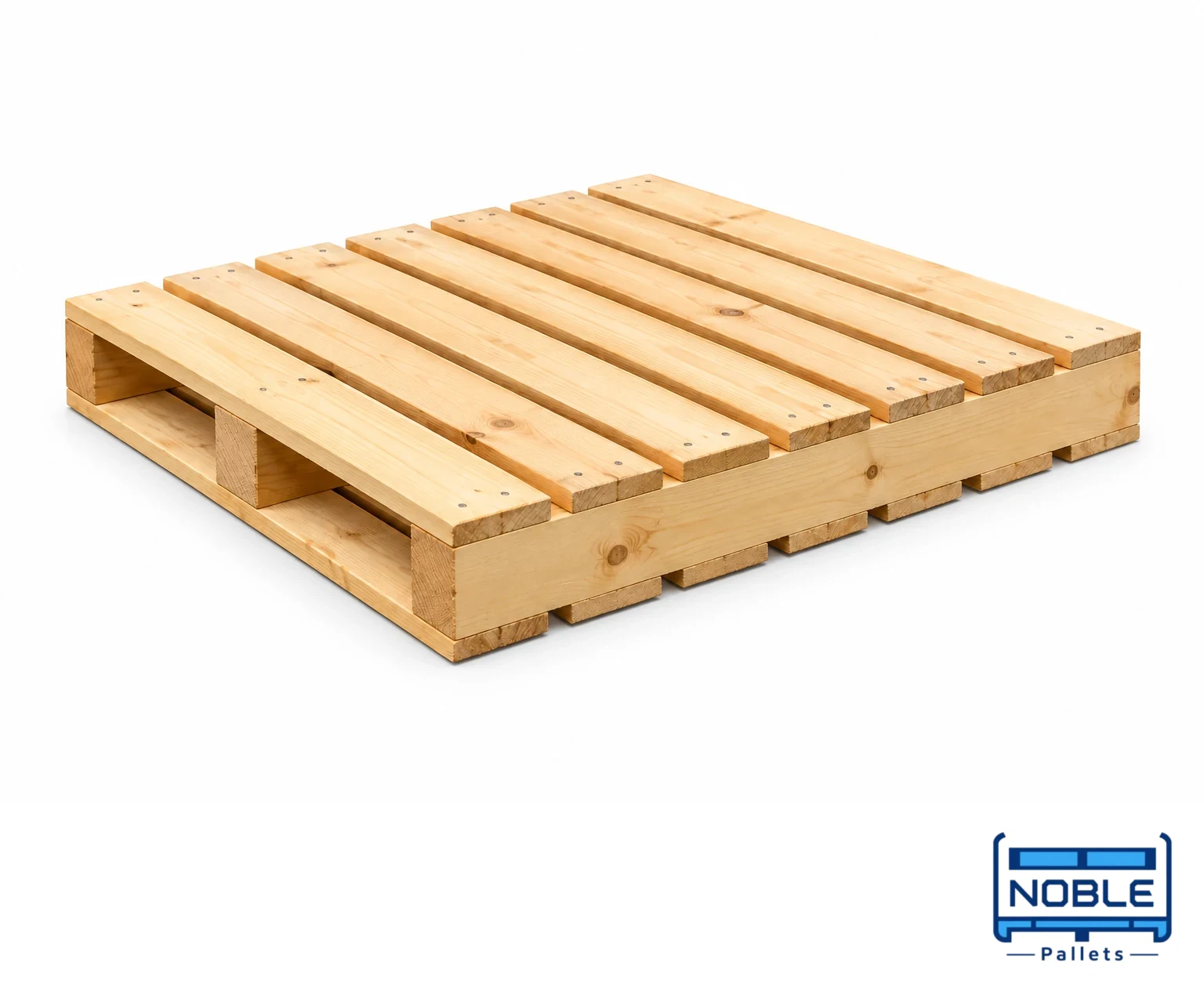 Reversible Wooden Pallets on a white background in a representative product illustration. Equivalent upper and lower decks shown in the detail view. Noble Pallets & Packaging, Pakistan.