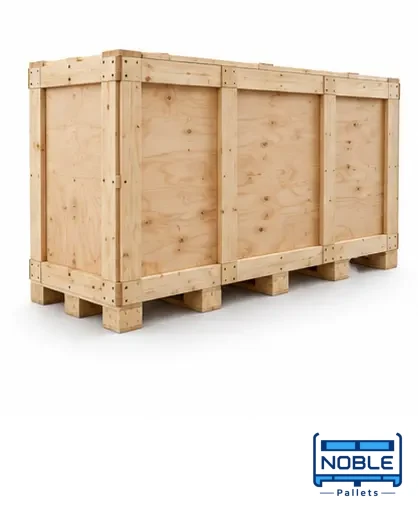Enclosed timber packing case on a pallet base, shown as an export packaging illustration. Noble Pallets & Packaging, Pakistan.