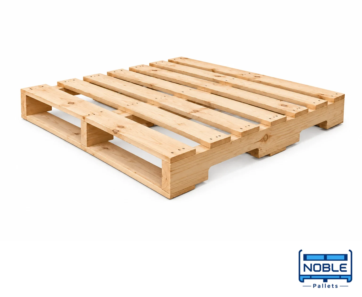 Stringer Wooden Pallets on a white background in a representative product illustration. Continuous lengthwise supports with side notches. Noble Pallets & Packaging, Pakistan.