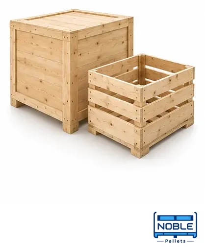 Timber box and open framed crate illustrating two wooden enclosure options. Noble Pallets & Packaging, Pakistan.
