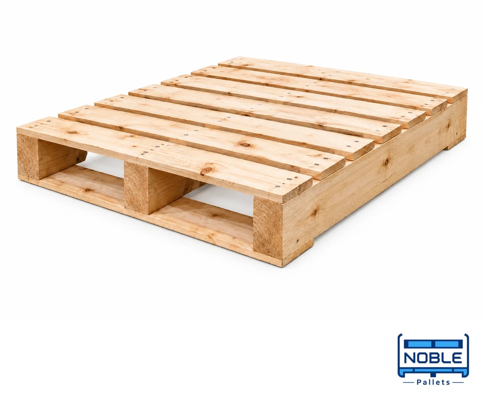 Two-Way Entry Wooden Pallets on a white background in a representative product illustration. Continuous non-notched supports; two opposing entry sides. Noble Pallets & Packaging, Pakistan.