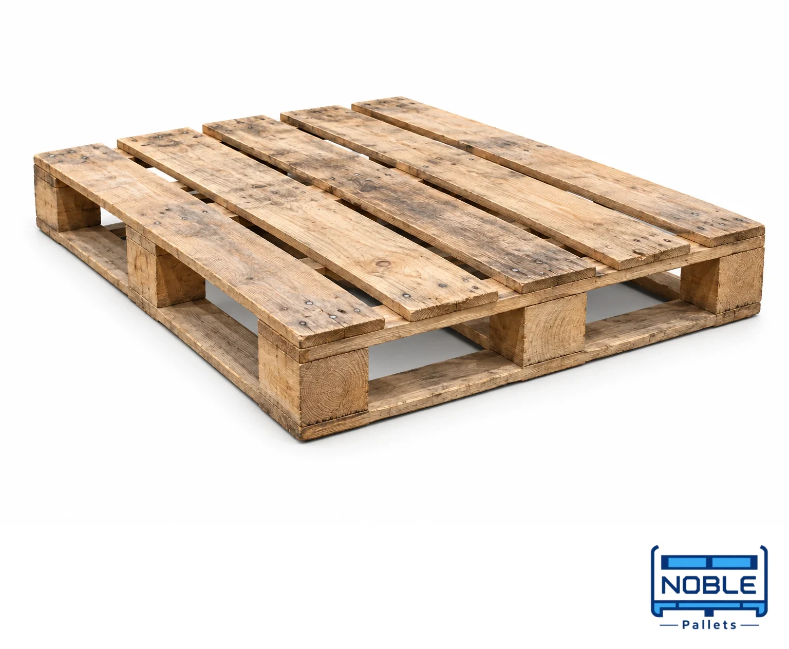 Used Wooden Pallets on a white background in a representative product illustration. Believable surface wear on an intact pallet example. Noble Pallets & Packaging, Pakistan.