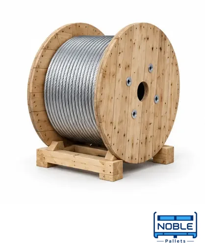 Cable wound on a wooden drum with circular timber flanges. Noble Pallets & Packaging, Pakistan.